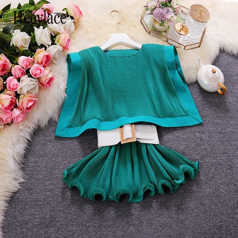 

2021 Summer shawl round neck sleeveless Blouse For Women High Waist Belt Elegant Chiffon Top Ruffles Solid Women Blouses