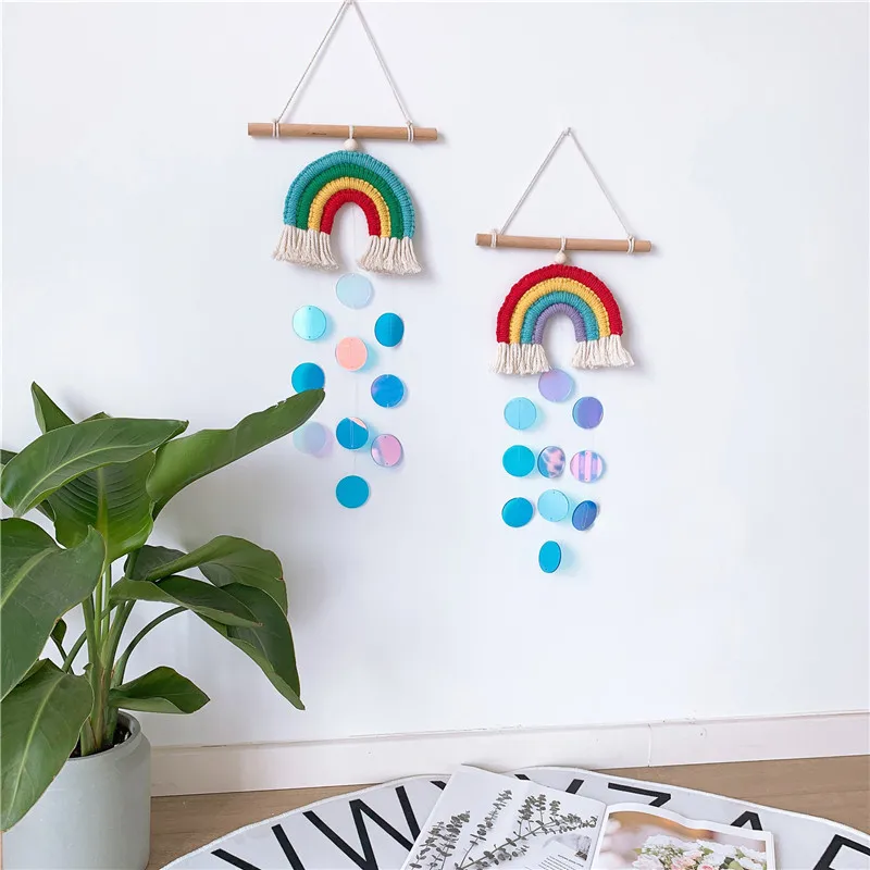 

INS Nordic Hand Woven Rainbow Tapestry Shell Wind Chimes Wall Hanging Ornaments Kids Room Decoration Pendants Home Decor Props