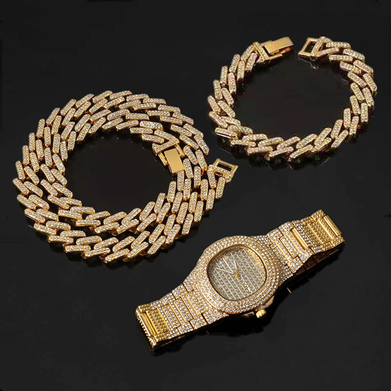 

Hip Hop Miami Curb Cuban Link Chain Men Choker Iced Out Paved Rhinestone Bling Chain for Men Jewelry Set Watch Necklace Bracelet