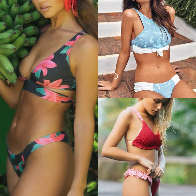 Бикини пуш ап женское в горошек бандо купальник стиле пэчворк пляжный комплект