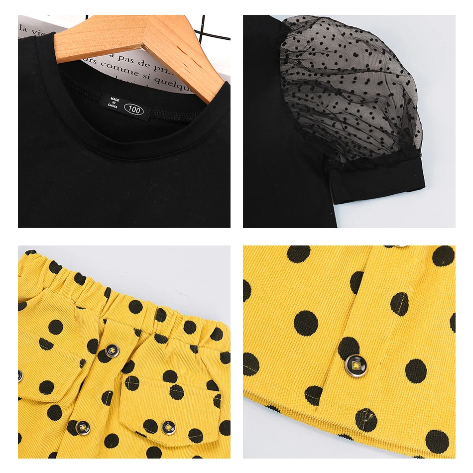 

VOGUEON New Design Fashion Girls Outfits Puff Sleeve Tops + Polka Dot Print Skirt 2pcs Children Set Summer High Quality Clothing