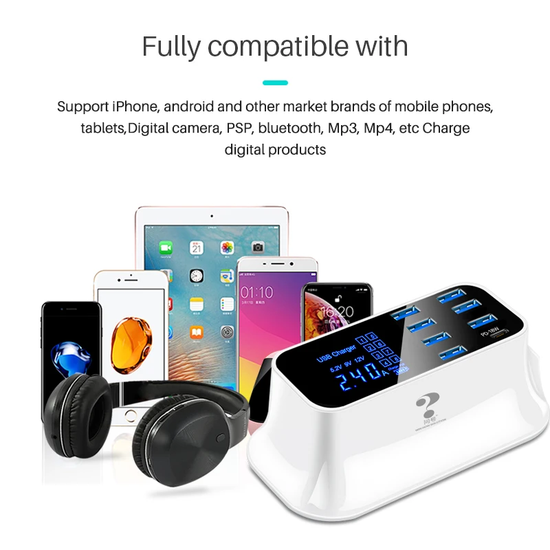 

Charging Station Dock Desktop Wall Home EU UK Plug Universal Mobile Phone 8 Port Quick Charge 3.0 USB Charger PD 18 W Multi USB