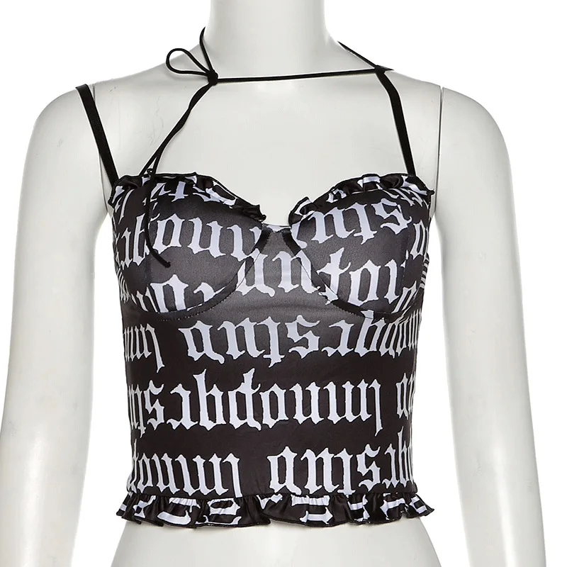 

Goth Dark Lace Up Emo Gothic Grunge Camis E-girl Punk Black Women Sexy Crop Tops Harajuku Ruffles Hem Bodycon Backless Clothes