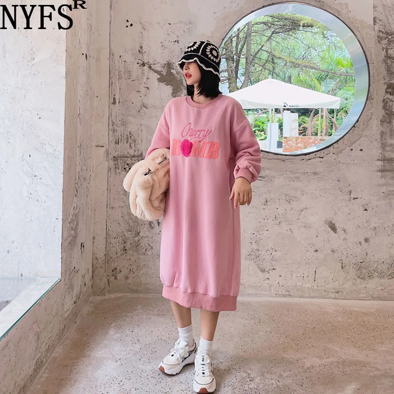 

NYFS 2021 Winter New Korean Fashion Loose Embroidered Woman Dress Vestidos Robe Elbise Fashion Polar fleece Hoodies Dress