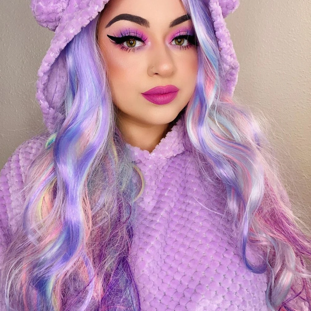 

Long Wave Mixed Colorful No Lace Wig Pastel Purple White Blonde Pink Green Blue Machine Made Middle Part Makeup Wigs for Women