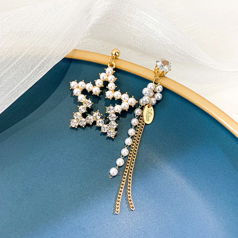 

USTAR Pearl Star Long Tassel Drop Earrings for Women Asymmetric crystal Dangle Earrings Wedding Party Jewelry Gifts