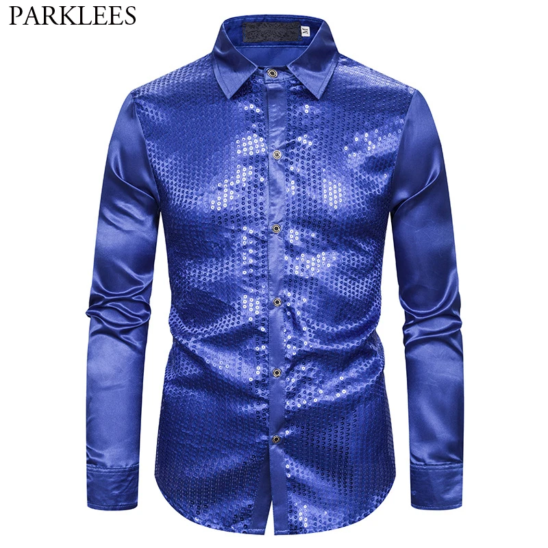 

Royal Blue Sparkle Sequins Silk Shirt Men 2019 New Mens 70s Disco Stage Shirt Nightclub DJ Party Prom Male Party Shirt Chemise