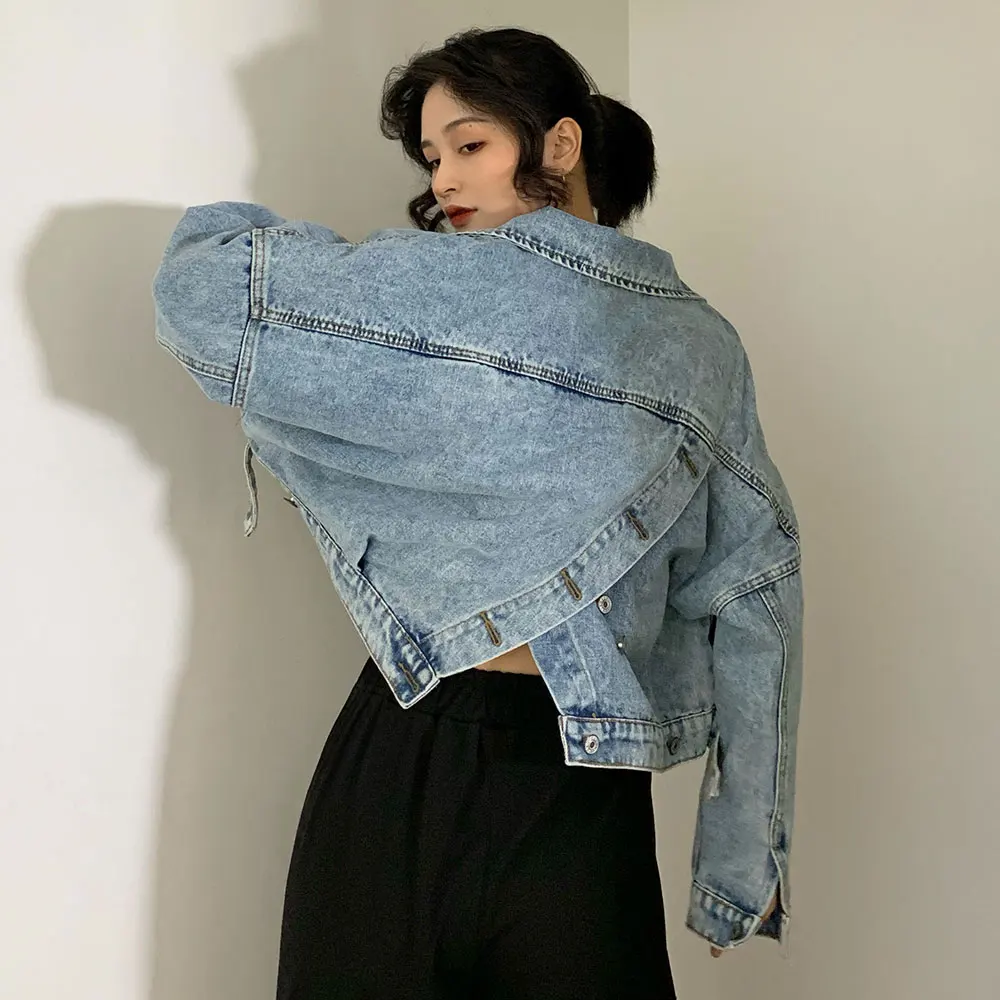 

Zcwxm BF style Loose Cropped Jeans Jacket Blue Short Vintage Denim Jackets Autumn Long Sleeve Single Breasted Casual Jeans Coat