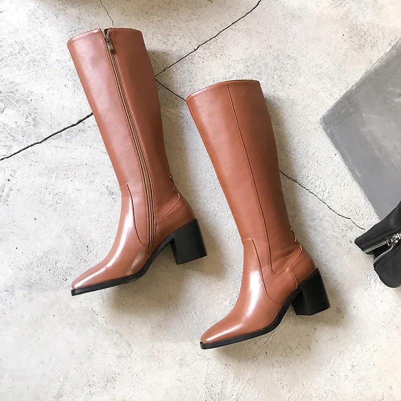 MoonMeek/модные ботинки из натуральной кожи женские сапоги до колена с квадратным