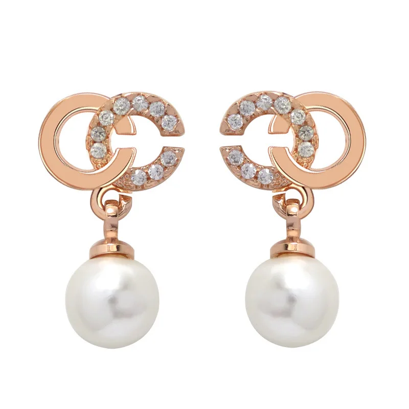 Модные ювелирные аксессуары оптом циркониевые серьги с буквой C из розового