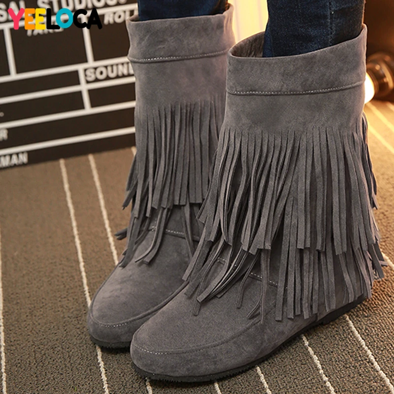 

YEELOCA Boots Women winter fringe mid-calf Med heels Round toe casual slip on black flock woman shoes