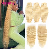 613 deep wave bundles with closure blonde human hair bundles with closure remy brazilian hair weave bundles 30 32 34 inches