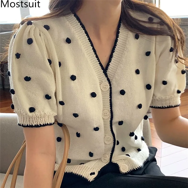 

Stereoscopic Balls Knitted Cardigan Sweater Women Short Sleeve V-neck Single Breasted Knitwear Korean Vintage Elegant Jumpers