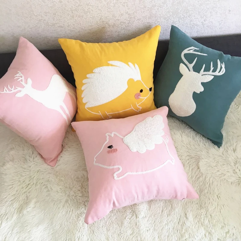 

45X45Cm 100% Cotton Embroidery Rabbit Deer Pattern Cushion Cover For Home Decoration Christmas Gift Car sofa Lovely Europe Style