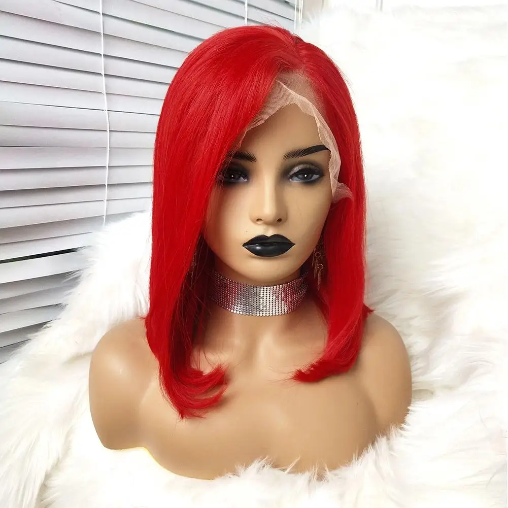 

Red Short Bob Straight Brazilian Human Hair Lace Front Wig Straight Short Bob Wigs for Women 180 Density