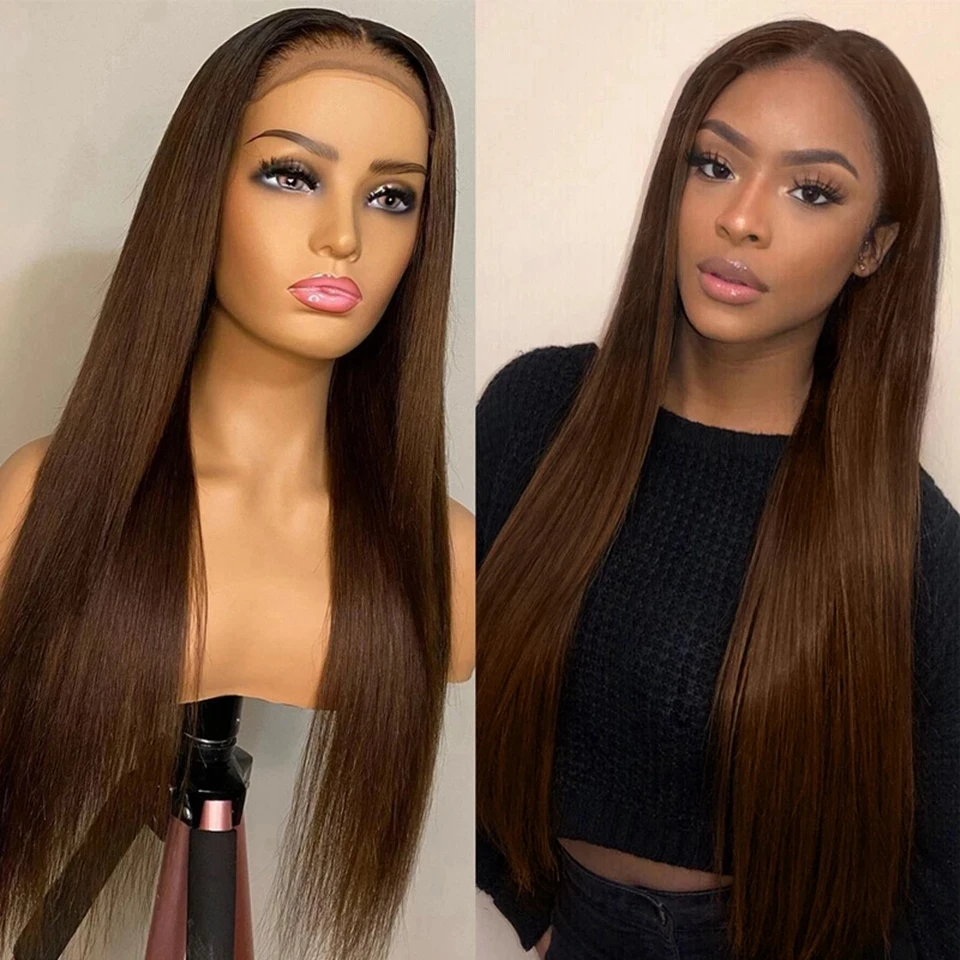 

Light Chocolate Brown Straight Full Lace Human Hair Wig Remy Preplucked Mayaslia 360 13x6 Transparent Lace Frontal Wigs Silk top