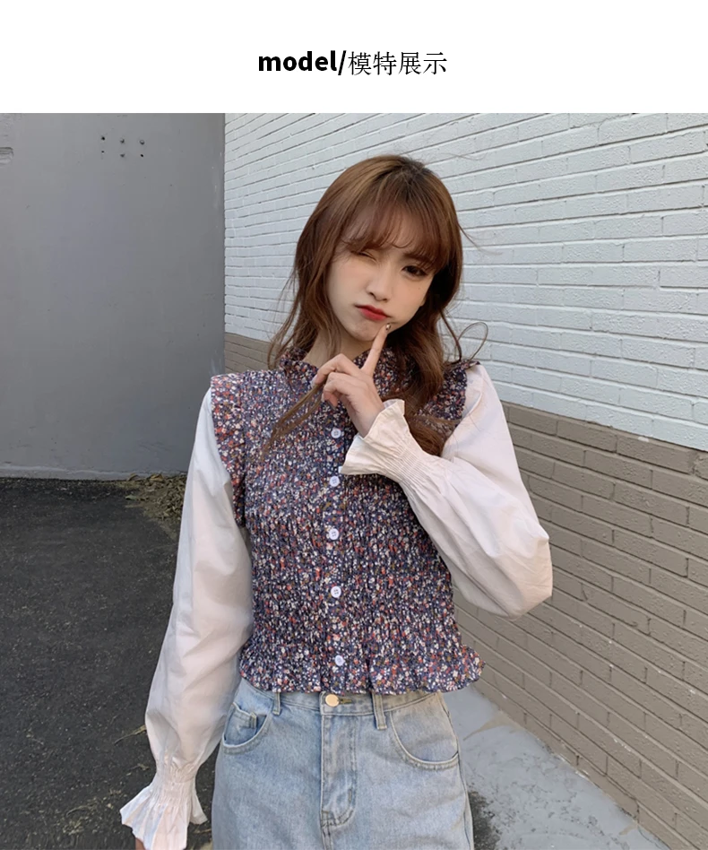 

Shirt Women's Design Sense Niche 2021 French Style Small Shirt Fake Two-Piece Top Puff Sleeve Retro Hong Kong Style