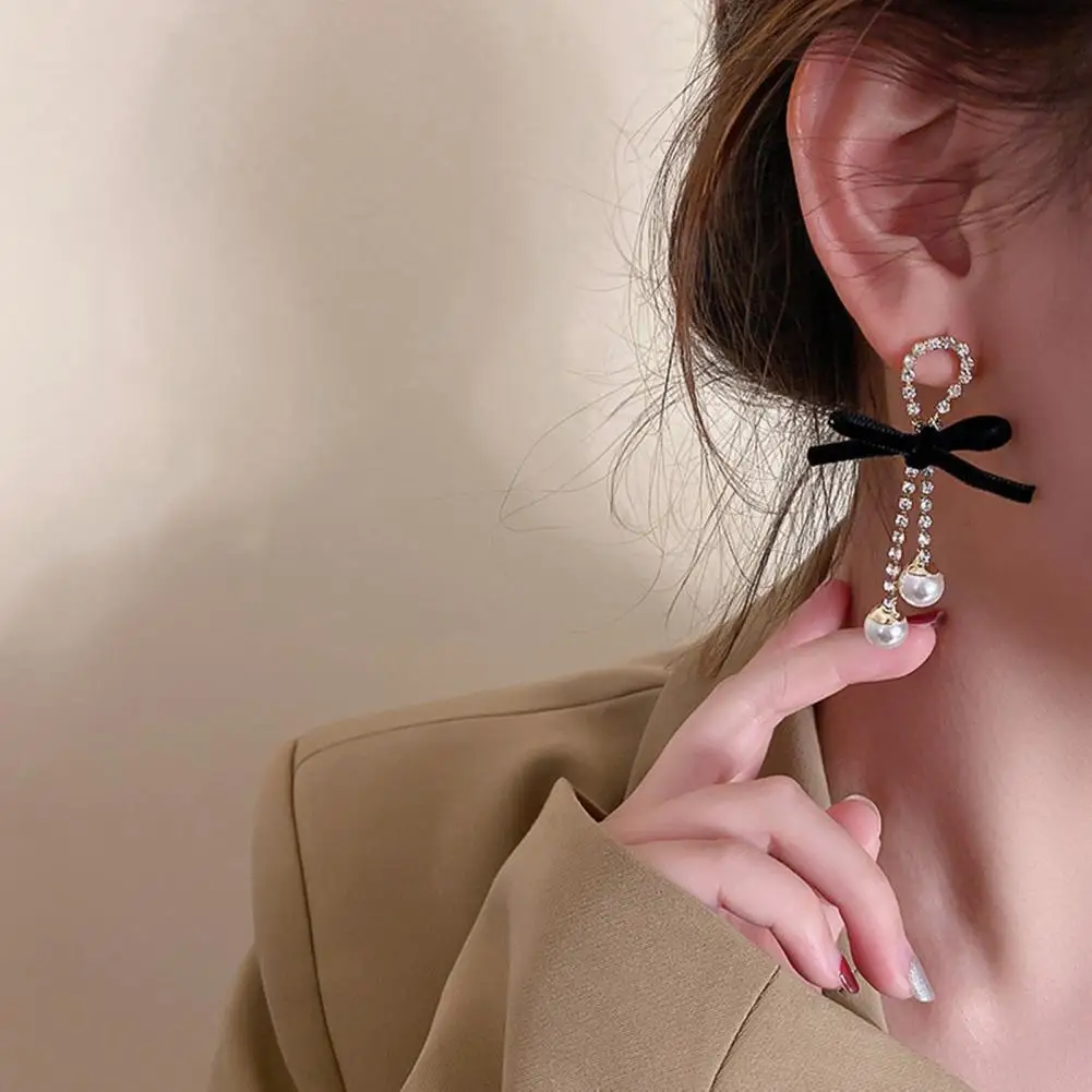 

1 Pair Dangle Earrings Bow Faux Pearls Women Shiny Rhinestones Tassels Stud Earrings for Dating