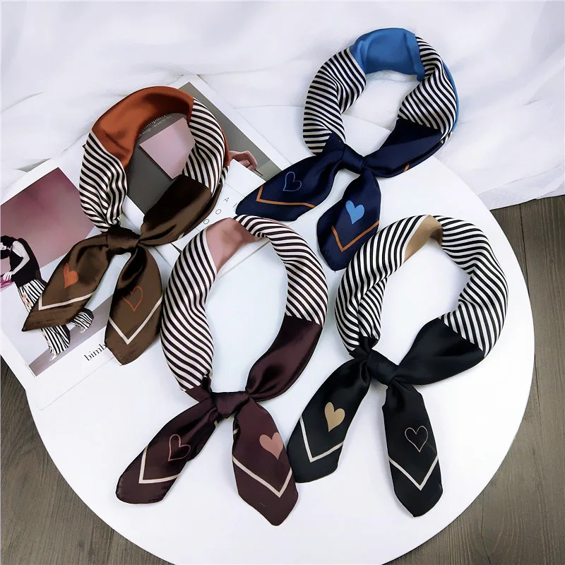 

Women Square Silk Scarf Fashion Heart Striped Print Small Scarves Female Neck Bandana Kerchief Elegant Office Lady Headscarf