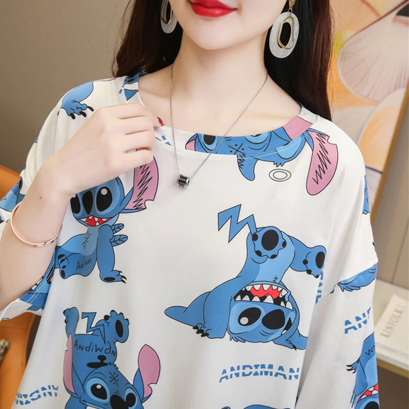 

Disney Stitch Pattern T-shirt Pink Womens Summer Short-sleeved Kawai Cartoon Top Japanese Loose Large Size T-shirt Tee Hot Sale