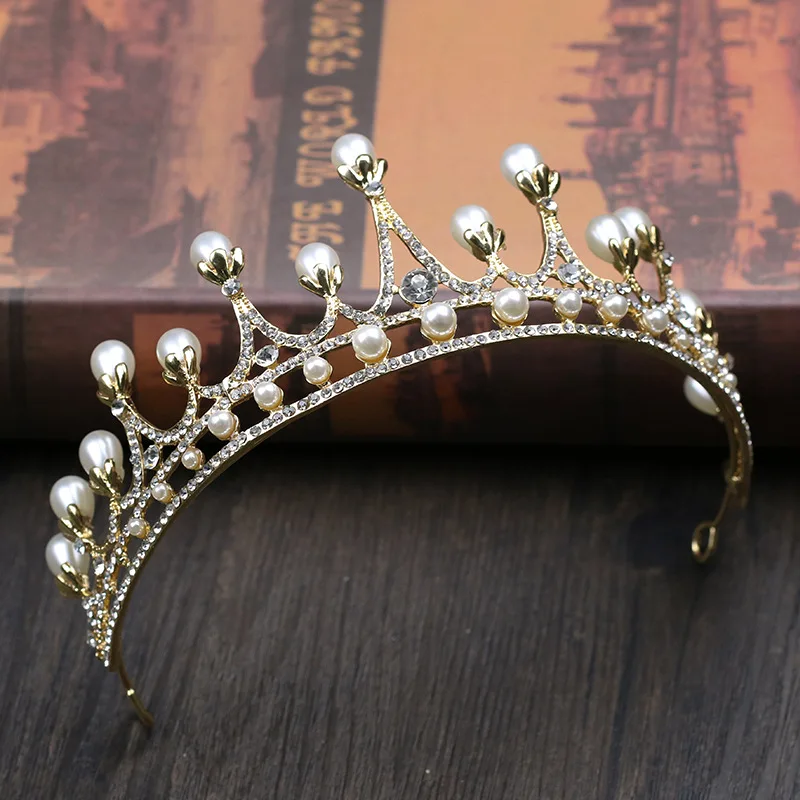 

Bride Wedding Headdress Golden Pearl Crown Alloy Wedding Supplies Female Day Flower Crown Girl Crown Banquet Hair Accessories