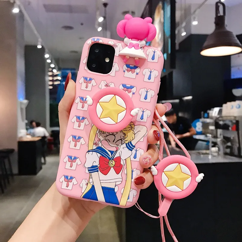 Милый мультяшный Сейлор Мун розовый чехол для телефона для iPhone 11 Pro X 8 7 6s Plus XS Max XR мягкий 3D кукольные игрушки стенд ремешок задняя крышка