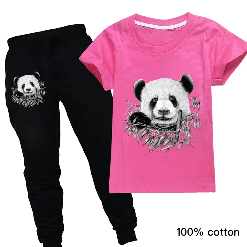 

Fashion Summer Short Sleeve Cartoon Printed Panda Children Clothes Boys Teens Student Kids Halloween Toddler Girls Clothing Sets