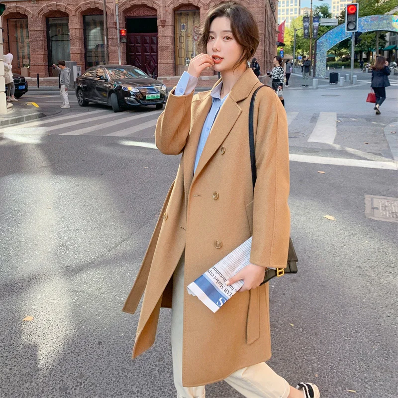 

Autumn and winter 2021 Korean version high-end double-sided cashmere coat temperament double breasted wool cloth coat women's