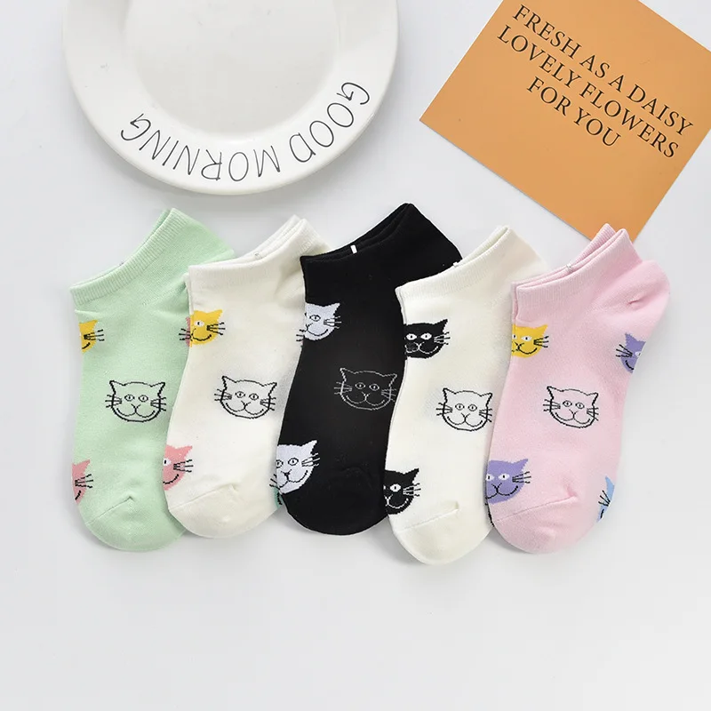 Summer Thin Women's Cute Cat Cartoon Low Cut Sock Japanese Fashion Ins Trend Candy Color White Black Happy Crew Socks For Girls