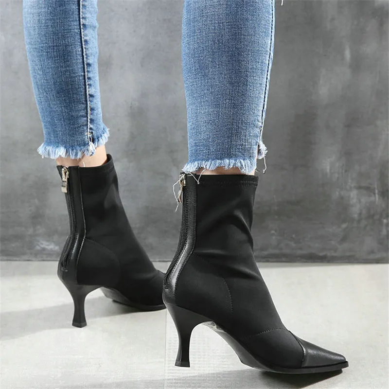 Женские ботинки из натуральной овечьей кожи эластичные с маленьким квадратным