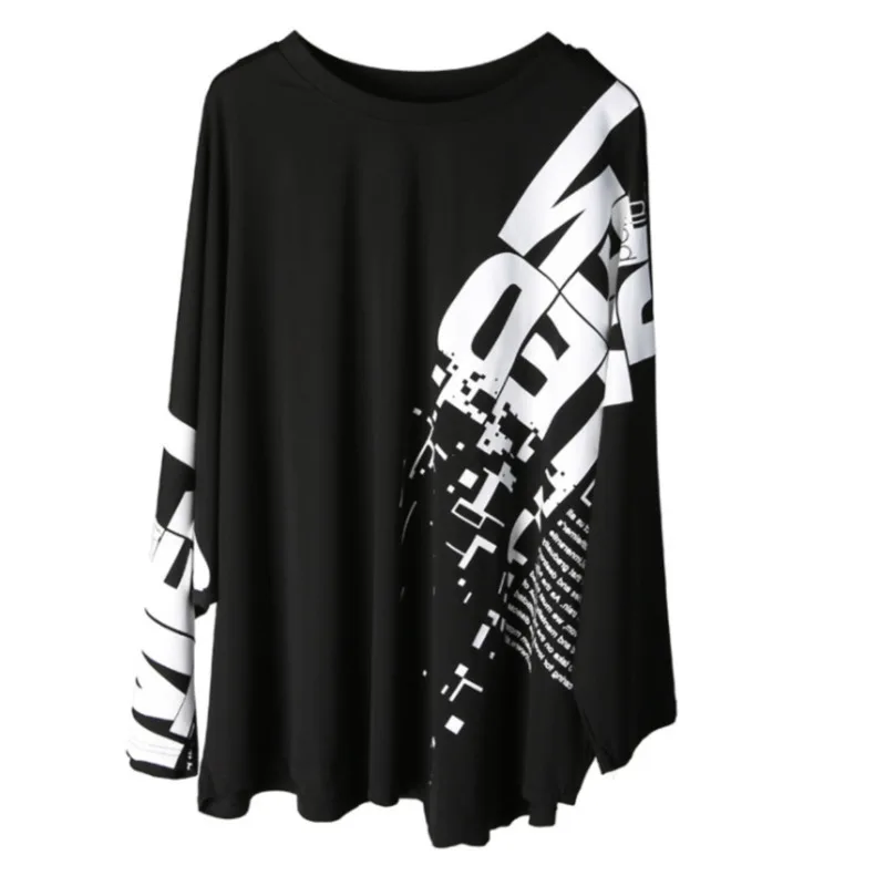 

[EAM] Women Print Pattern Big Size Black Irregular T-shirt New Round Neck Long Sleeve Fashion Tide Spring Autumn 2021 1DD4582