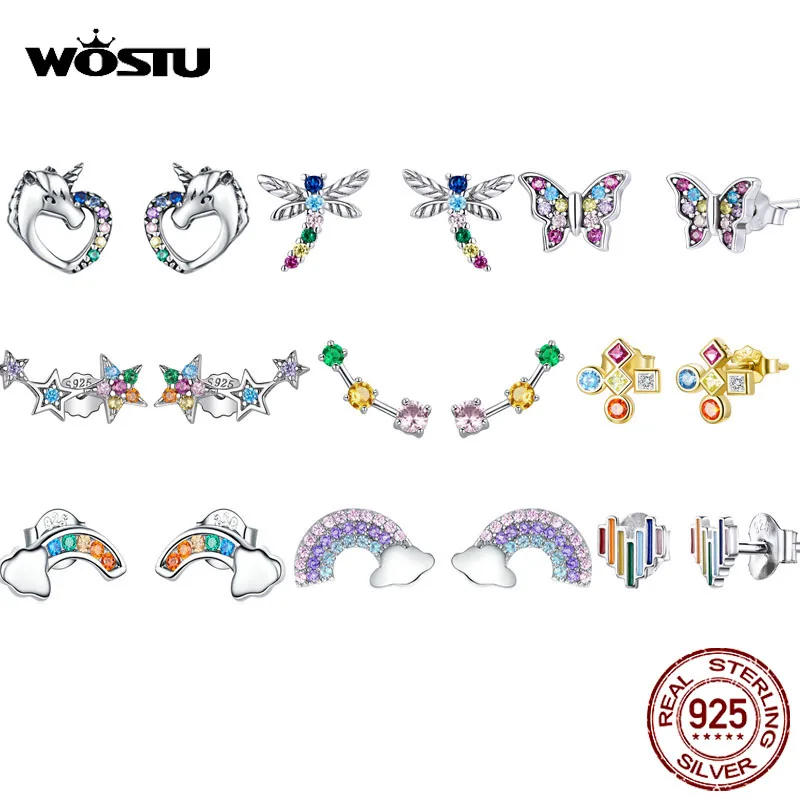 WOSTU 925 Sterling Silver Colorful Stud Earrings Rainbow Unicorn Star Butterfly Earrings For Women Fashion Silver Jewelry Gift