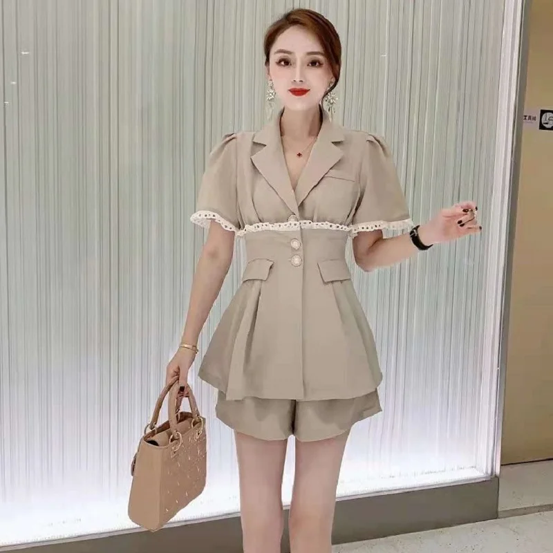 

High Quality Women's Set 2021 Summer Blazer Suits Ladies Notched Collar Short Sleeve Blazer Tops Coat+High Waist Short Suit 2pc