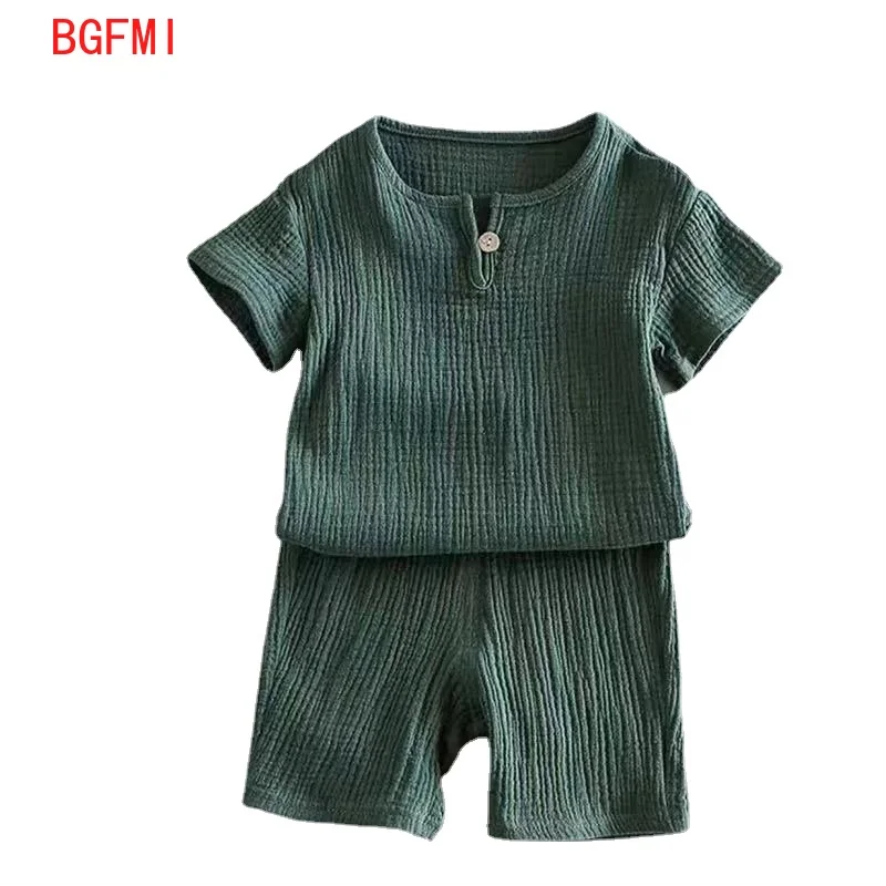 

Новый летний хлопковый костюм из 100% хлопка и льна для маленьких девочек комплект из 2 предметов: короткий рукав + шорты для мальчиков и девоч...