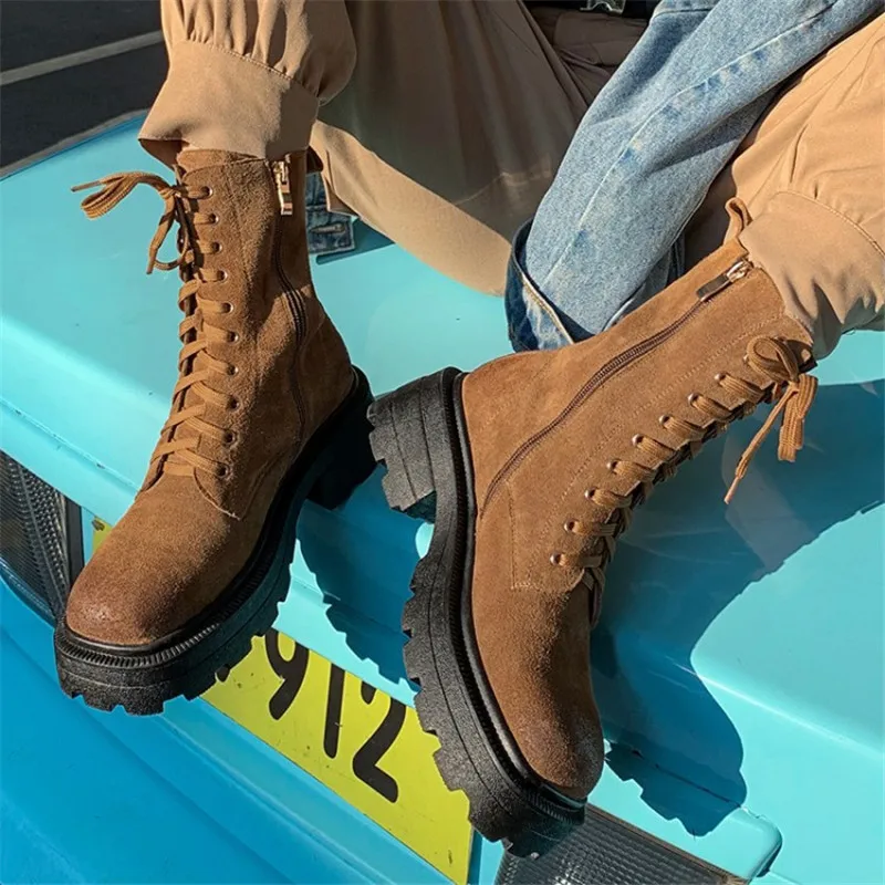 

Winter Women Boots Simple and Versatile Retro Tooling Boots Women Boots with Zipper Lace Up Chunky Heel Platform Boots
