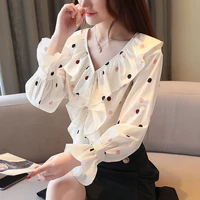 2021 spring autumn korean fairy trumpet sleeve loose wave point ruffles chiffon casual shirts womens blouse and tops pullover