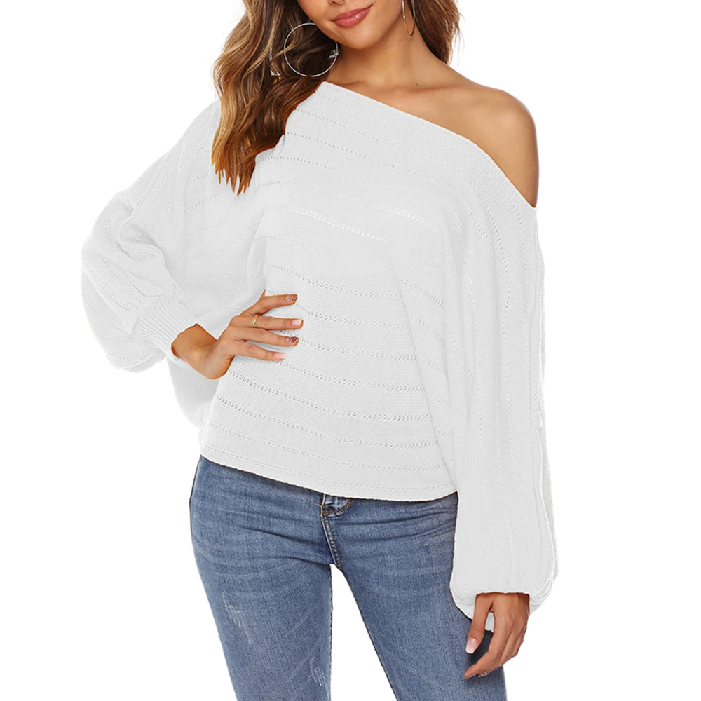 Joineles Off The Shoulder Women Sexy Sweater Autumn Lantern Sleeves Female Pullovers Solid Color Knited Femme Jumper Tops | Женская