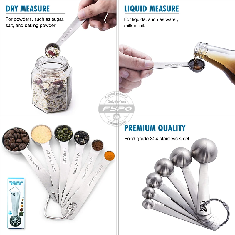 Fypo 6 Pieces Set Backing Tools Stainless Steel Measuring Spoons Kitchen Scale Sugar Coffee Measure Cups Scoops | Дом и сад