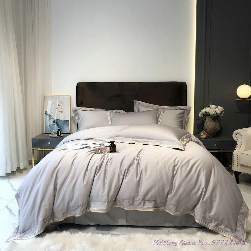

1.8m Bed Quality Bedding Set 4pcs Simple light luxury 60TC long-staple cotton Quilt Cover satin cotton pure color bed sheet Gray