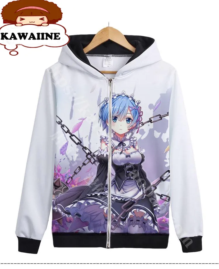 Аниме Толстовка большого размера с рисунком Re:Zero kara Hajimeru Isekai Seikatsu RAM &amp REM белые