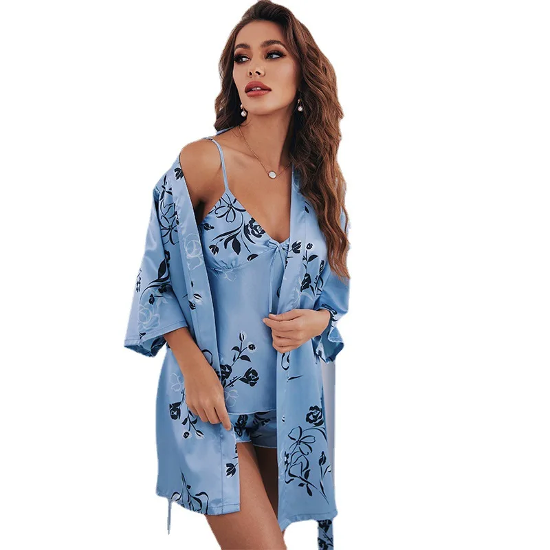 

Summer Women's Pajamas 3 Piece Set Floral Print Sleepwear Silk Like Home Clothes Blue Sexy Sling Top Shorts Robe Suit Femme