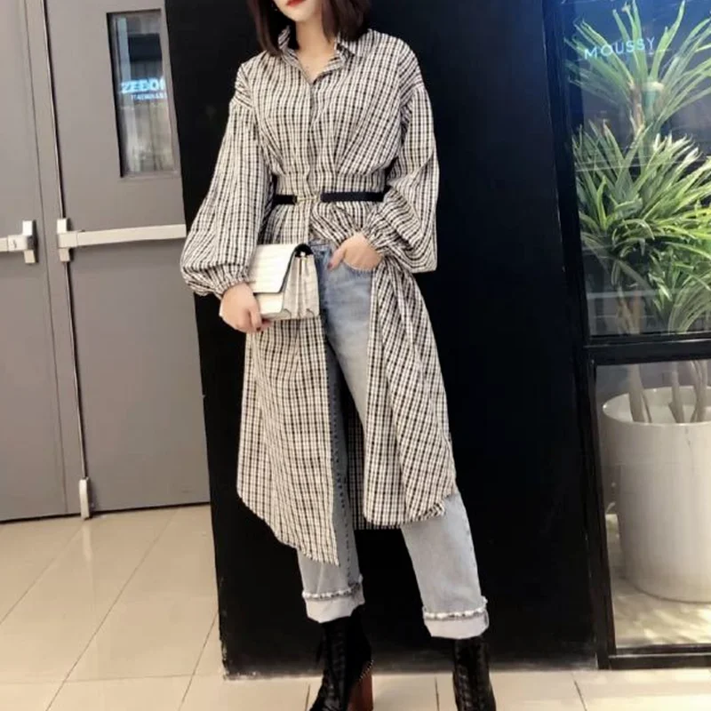 

Fashion Slim Waist Plaid Shirt Dress Woman Chic Lantern Sleeve Design Long Sleeve Robe Femme2021 New Vestido Feminino