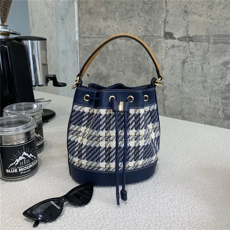 

High Quality PU Bucket Bag for Women 2021 New Fashion Plaid Lattice Crossbody Bag Ladies Designer Purses and Handbags Monogram