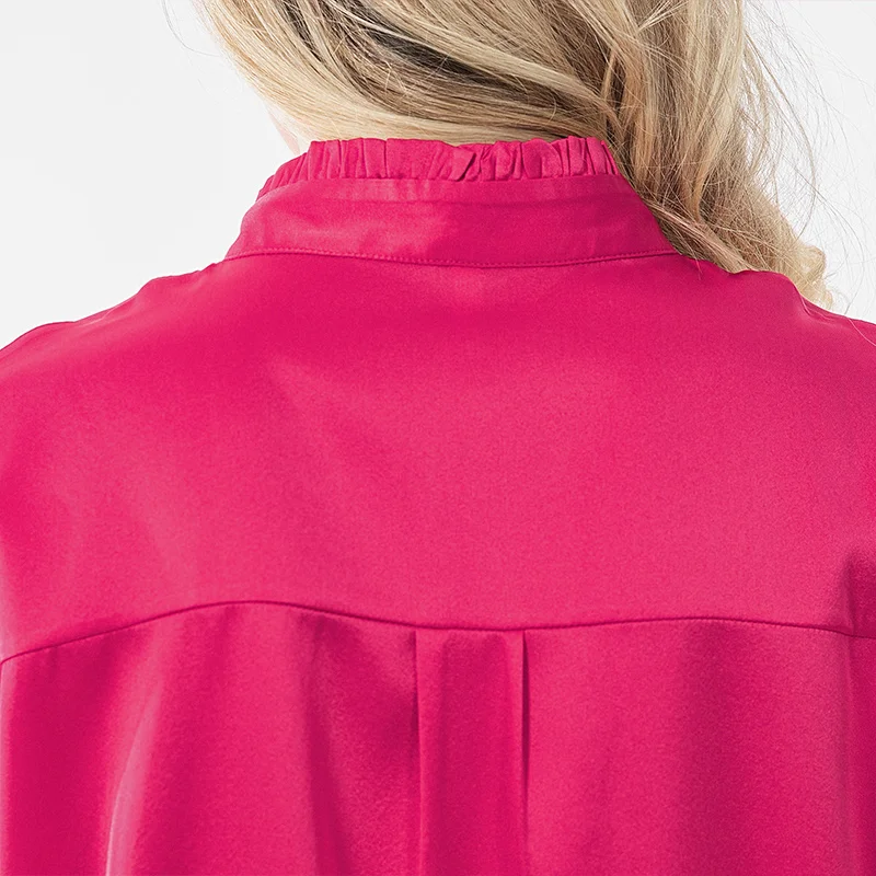 

VOA 19m/m Satin Silk Dragon Fruit Stand Collar Wooden Ear Single-Breasted Shoulder Curling Sleeve Straight Shirt B068