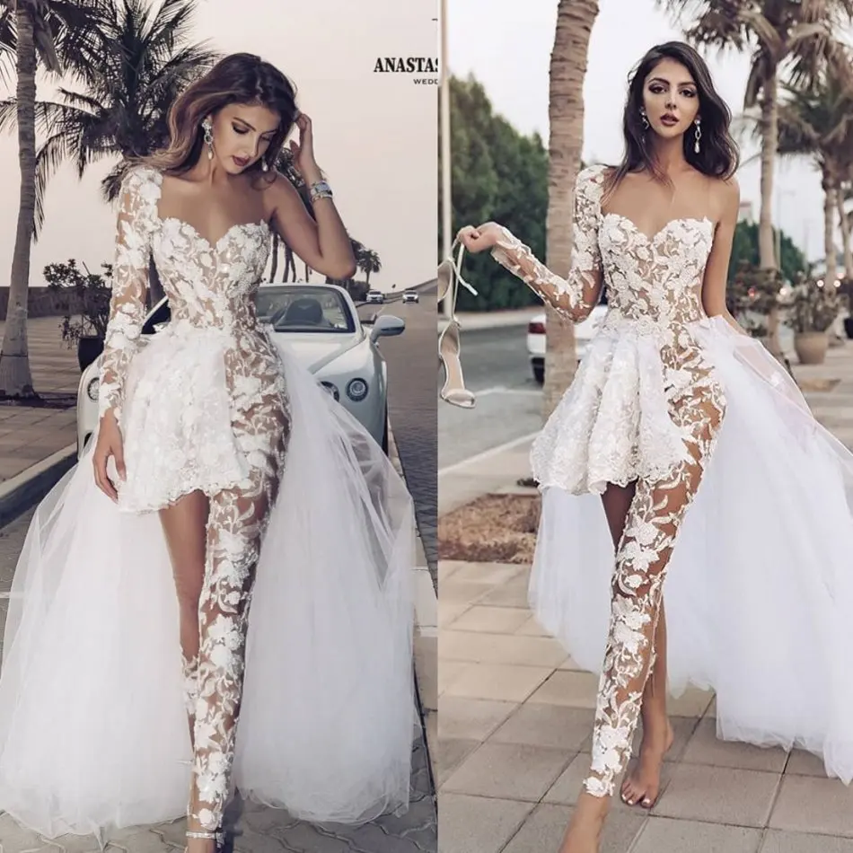 Дизайнерские Свадебные Платья 2020 комбинезоны со съемной юбкой кружевное женское