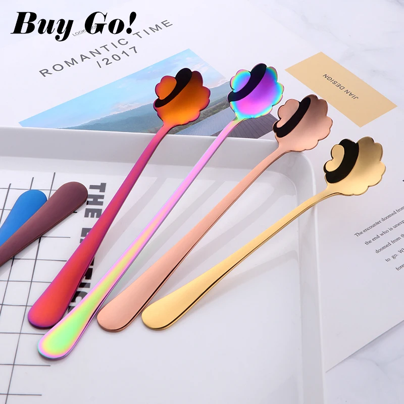 

1PC Flowers Design Gold Spoon Long Handle Stainless Steel Dessert Tea Coffee Mixing Spoon Honey Teaspoons Drink Cafe Tableware