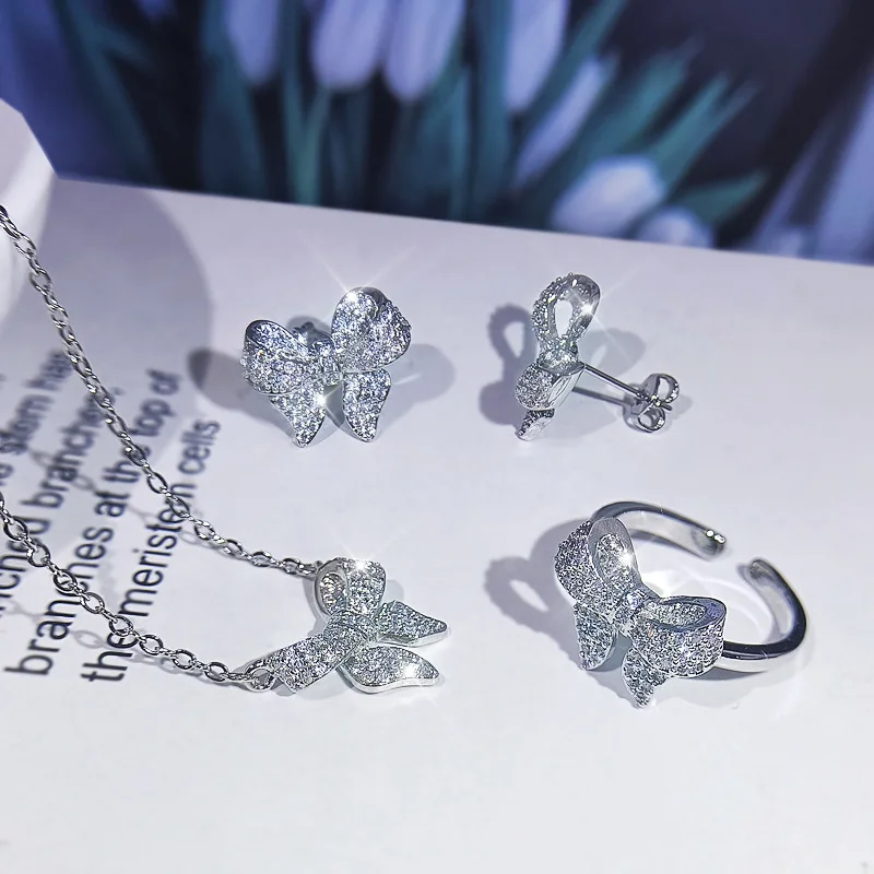 

High-end art design bow-shaped adjustable ring earrings necklace pendant set punk rock gothic diamond silver jewelry