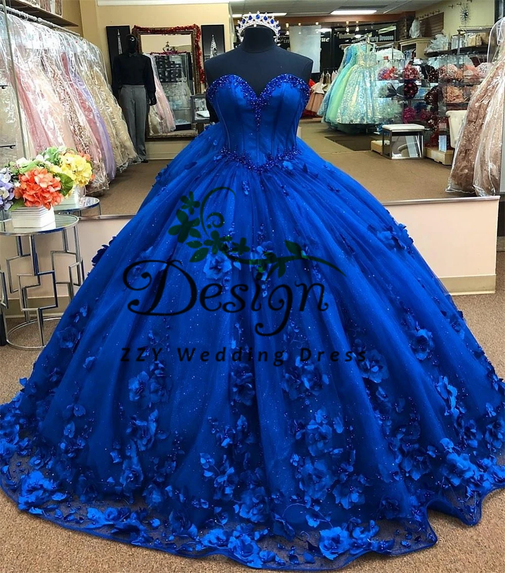 

Sparkling Blue 3D Flowers Appliques Quinceanera Dress 2021 Sweetheart Neckline Corset Party Princess Lace Sweet 16 Gown Vestidos