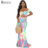 wishs hot selling maxi long elegant off the shoulder tie dye bodycon dresses for women