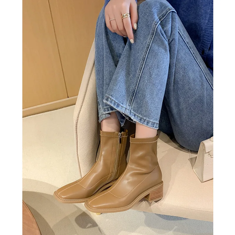 

Shoes Women's Rubber Boots Chelsea Zipper Rain Med Ankle Summer Ladies Square Toe Rome Solid Hoof Heels Microfiber PU Lady Boots